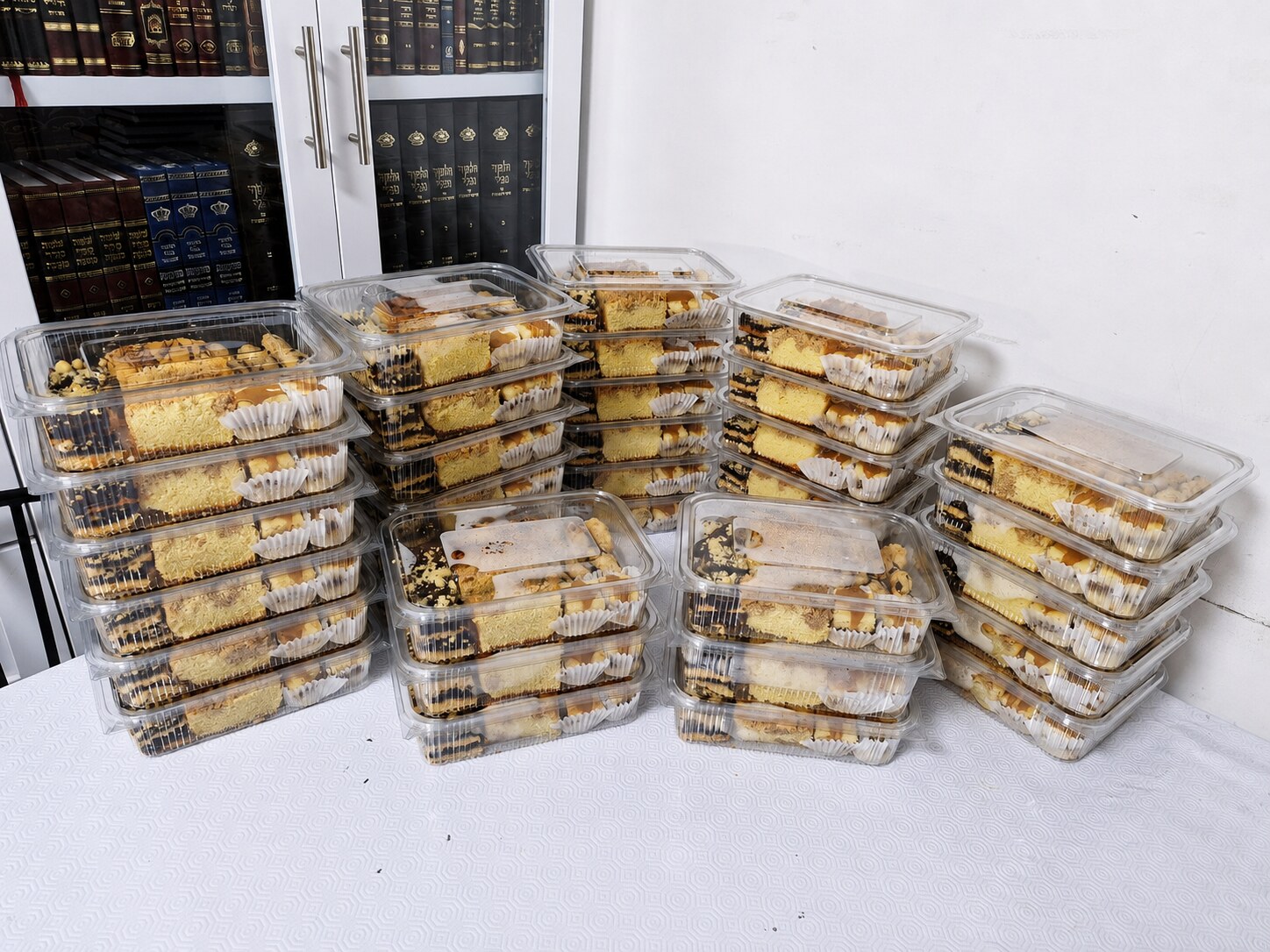 Packages of cakes and cookies prepared for Erev Pesach